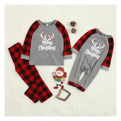 Merry Christmas Antler Letter Print Plaid Design Family Matching Pajamas Sets