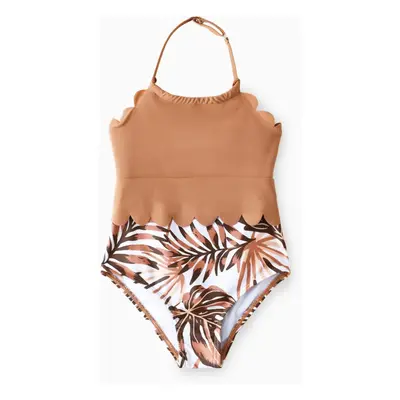 Family Matching Floral Drawstring Swim Trunks or Shell Edge Spliced One-Piece Strap Swimsuit