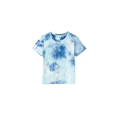 Family Matching Sets Blue Tie-dyed Round Neck Short Sleeves Tee or Irregular Hem Dress