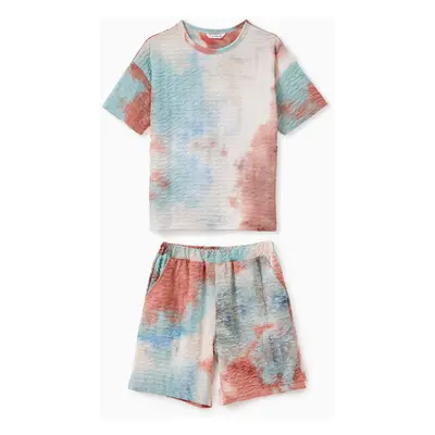 Mommy and Me Matching Sets Short Sleeves Tie-Dye Textured Fabric Top and Shorts with Pockets