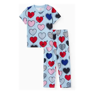 Family Matching Text and Heart Print Polyester Pants and Tops Pajamas Sets