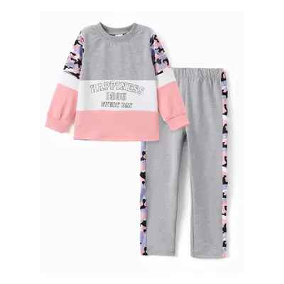 2-piece Kid Girl Letter Camouflage Print Colorblock Long-sleeve Tee and Elasticized Pants Set