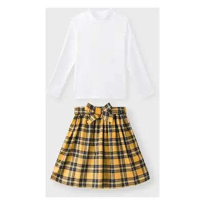 2pcs Kid Girl Ribbed Mock Neck Long-sleeve White Tee and Plaid Belted Skirt Set