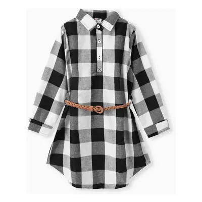 Kid Girl Plaid Belted Long-sleeve Button Half Placket Dress