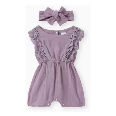 2pcs Baby Girl 95% Cotton Lace Flutter-sleeve Romper with Headband Set