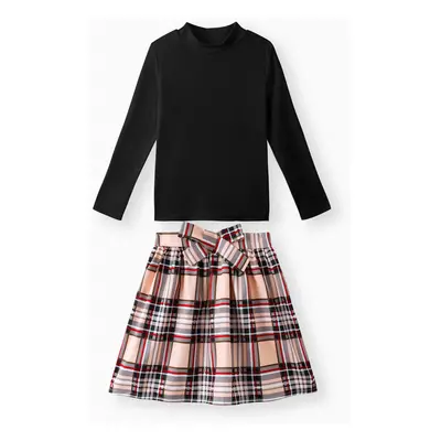 2pcs Kid Girl Ribbed Mock Neck Long-sleeve White Tee and Plaid Belted Skirt Set