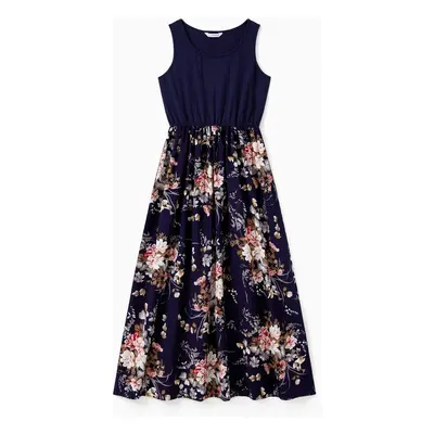 Family Matching Sleeveless Floral Print Spliced Midi Dresses and Short-sleeve Striped T-shirts S