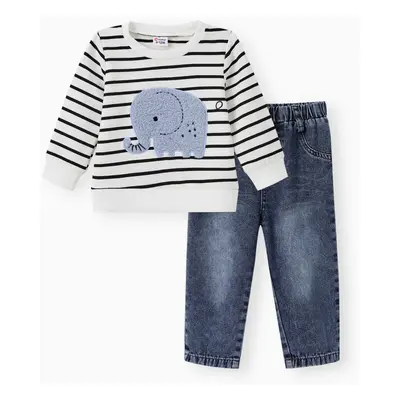 2pcs Baby Boy 95% Cotton Long-sleeve Elephant Embroidered Striped Sweatshirt & Denim Jeans Set