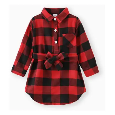 Toddler Girl Classic Plaid Lapel Collar Button Design Dress