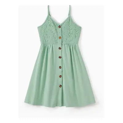 Family Matching Color Block Tank Top and Green Button up Lace Top Strap Dress Sets