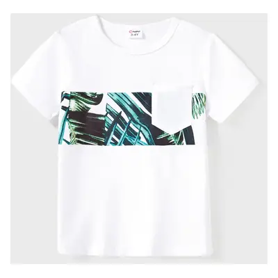 Family Matching Floral Panel Color Block Tee and Tropical Leaf Pattern Satin Swing Neck Slip Dre