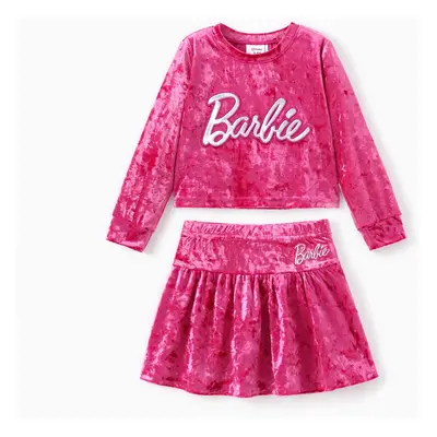 Barbie Dress Toddler/Kid Girl 2pcs Letter Embroidered Velvet Top And Skirt Set