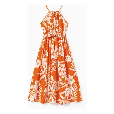 Family Matching Orange Beach Shirt and Floral Strap Dress Sets