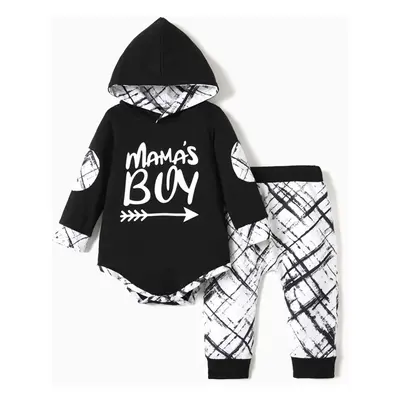 2pcs Baby Boy Letter Graphic Black Long-sleeve Hooded Romper and Allover Print Pants Set