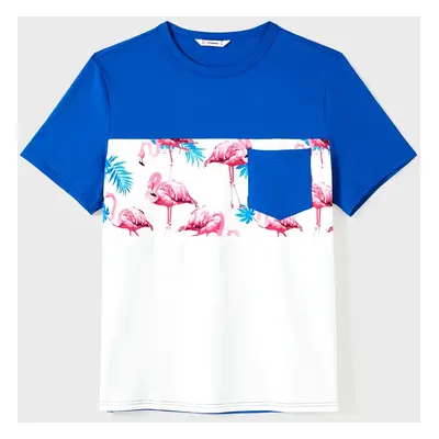 Family Matching Sets Color Block Short-Sleeve Tee and Flamingo Print Ruched Strap Drawstring Sid