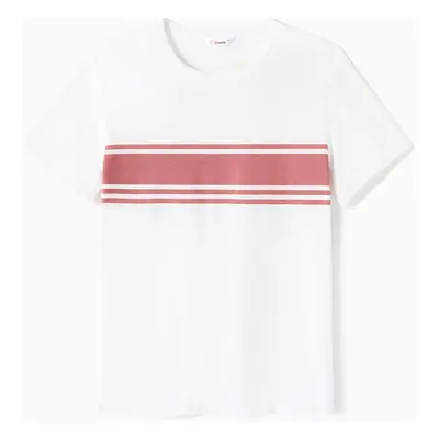 Family Matching Cotton Short-sleeve Striped T-shirts and Polka Dot Print Halter Ruffle Trim Dres