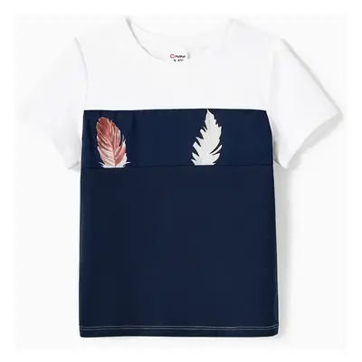 Family Matching Allover Feather Print Belted Cami Dresses and Short-sleeve Spliced Tee Sets