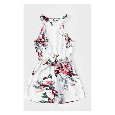 All Over Floral Print White Halter Neck Off Shoulder Belted Romper Shorts for Mom and Me