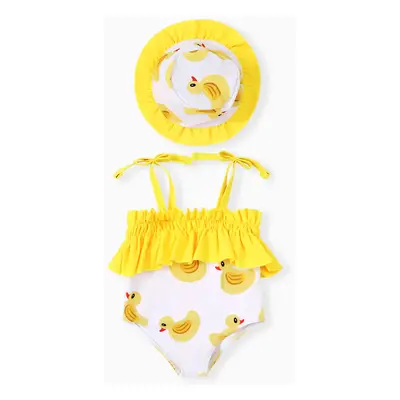 Baby Girl 2pcs Childlike Animal Ruffle Swimsuit with Hat