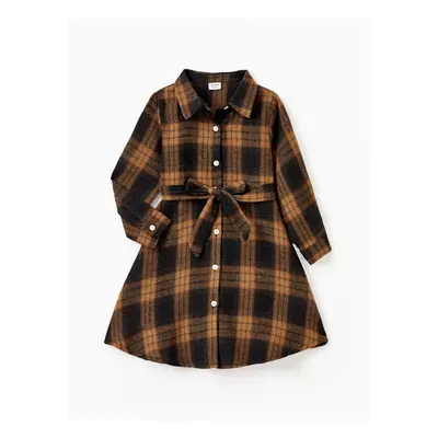 Christmas Family Matching Sets Brown&Black Check Plaid Long-sleeve Botton Dwon Top/Dress/Romper