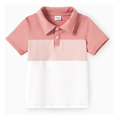 Family Matching Color Block Polo Shirt and Pink Shirred Top Bubble Sleeves Dress Sets