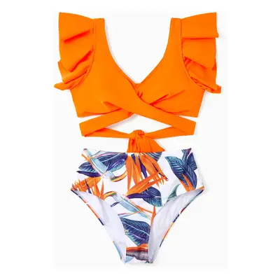 Family Matching Drawstring Swim Trunks or Orange Floral Ruffle Sleeves Cross Bikini