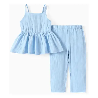 2pcs Toddler Girl 100% Cotton Solid Color Peplum Tank Top and Pants Set