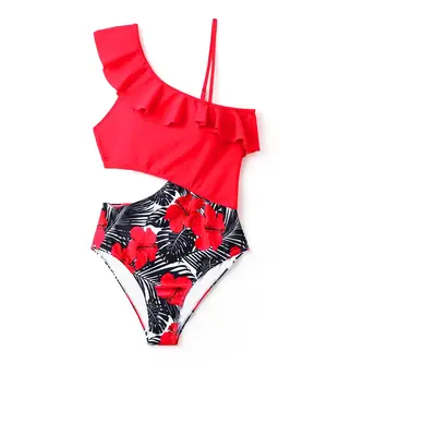 Family Matching Drawstring Swim Trunks or Red Floral Cut Out Ruffle One-Piece Swimsuit