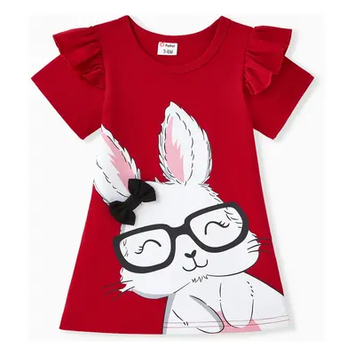 Baby Girl Rabbit Print Flutter-sleeve T-shirt Dress