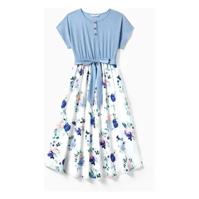 Family Matching Floral Colorblock T-Shirt and Quarter Button Belted Spliced A-Line Dress Sets