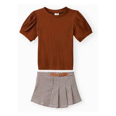 2pcs Toddler Girl Classic Puff-sleeve Tee and Houndstooth Pleated Skirt Set