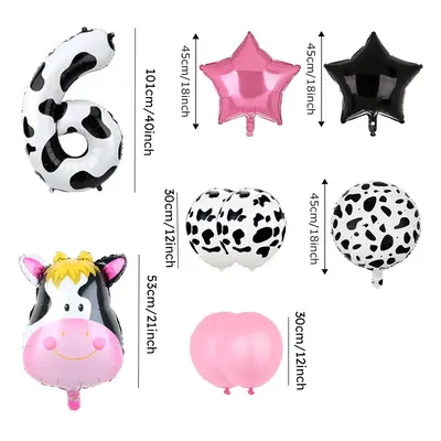 9 Piece Birthday Party Pink Cow Print Latex Balloon Set with Foil Balloons