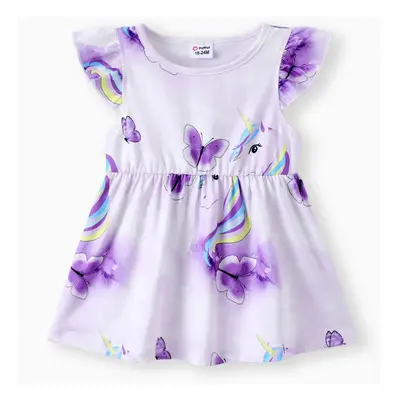 Toddler Girl Unicorn Heart Print Flutter-sleeve Pink Dress