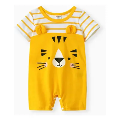 Baby Boy Animal Print Striped Short-sleeve Spliced Romper