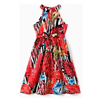 Family Matching Red Leaf Print Zebra Stripe Beach Shirt and High Neck Halter Belted Dress Sets