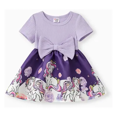 Baby Girl Colorblock Unicorn Pattern Bowknot Dress