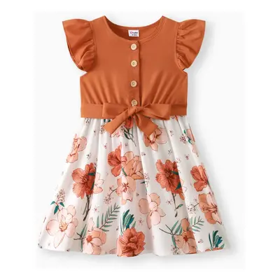 Kid Girl Ruffled Floral Print Splice Belted Flutter-sleeve Dress