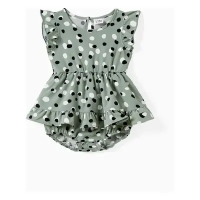 Family Matching Color Block Polo Shirt and Irregular Dot Pattern Halter Ruffle Hem Dress Sets