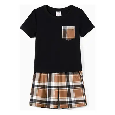 Family Matching Black Bear Top and Plaid Shorts Pajamas Sets