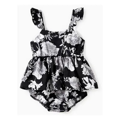 Mommy and Me Black Floral Tie Neck Ruched Bust Sateen Slip Dress