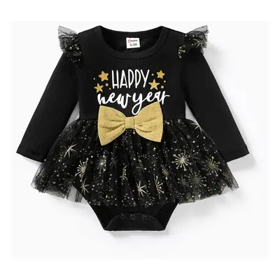 Baby Girl Sweet New Year Pattern Butterfly Bow Ruffle Mesh Romper