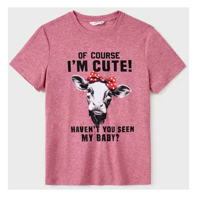 Family Matching Farm Style Solid Color Short Sleeves Cow Pattern Graphic Tops