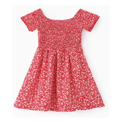 All Over Red Floral Print Off Shoulder Short-sleeve Shirred Dress for Mom and Me