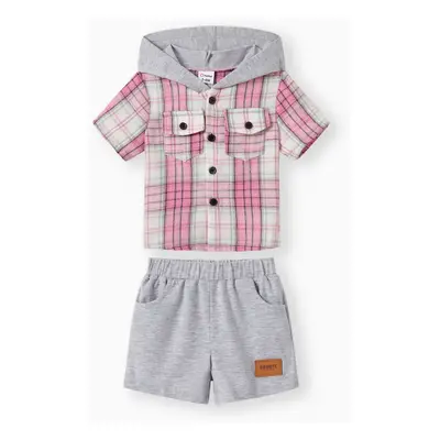 Baby/Toddler Boy 2pcs Plaid Print Hooded Shirt and Shorts Set