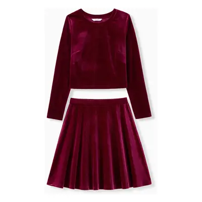 Mommy and Me Red Velvet Long Sleeves Crop Top Pleated Skirt Co-ord Set