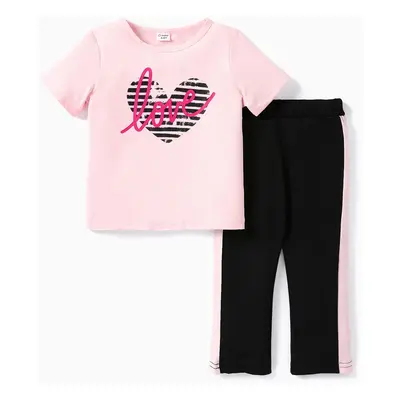 2-piece Kid Girl Letter Heart Print Pink Tee and Colorblock Capri Pants Set