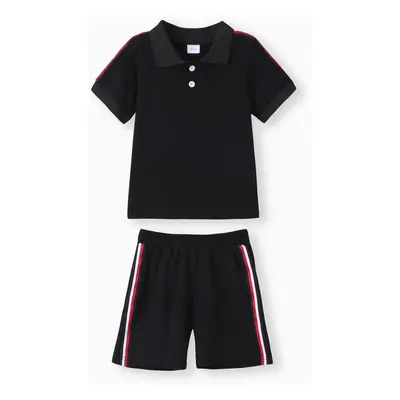 2pcs Toddler Boy Casual Colorblock Striped Polo Shirt and Shorts Set