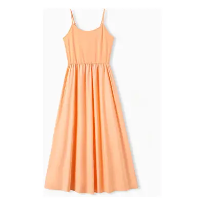 Mommy and Me Orange Cotton Sleeveless A-Line Strap Dress