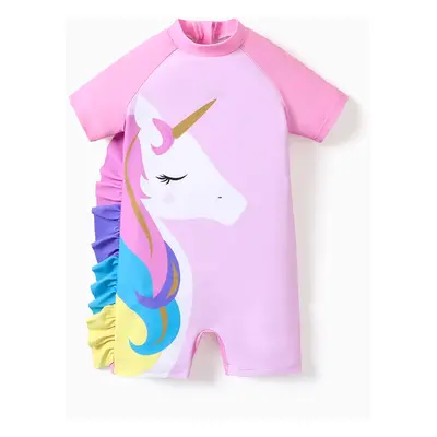 Toddler Girl Playful Ruffled Unicorn Print Onepiece Swimsuit