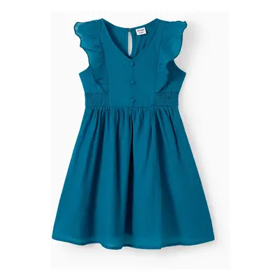 Mommy and Me Peacock Blue V Neck Faux Button Accents Shirred Waist Ruffle Trim Dresses